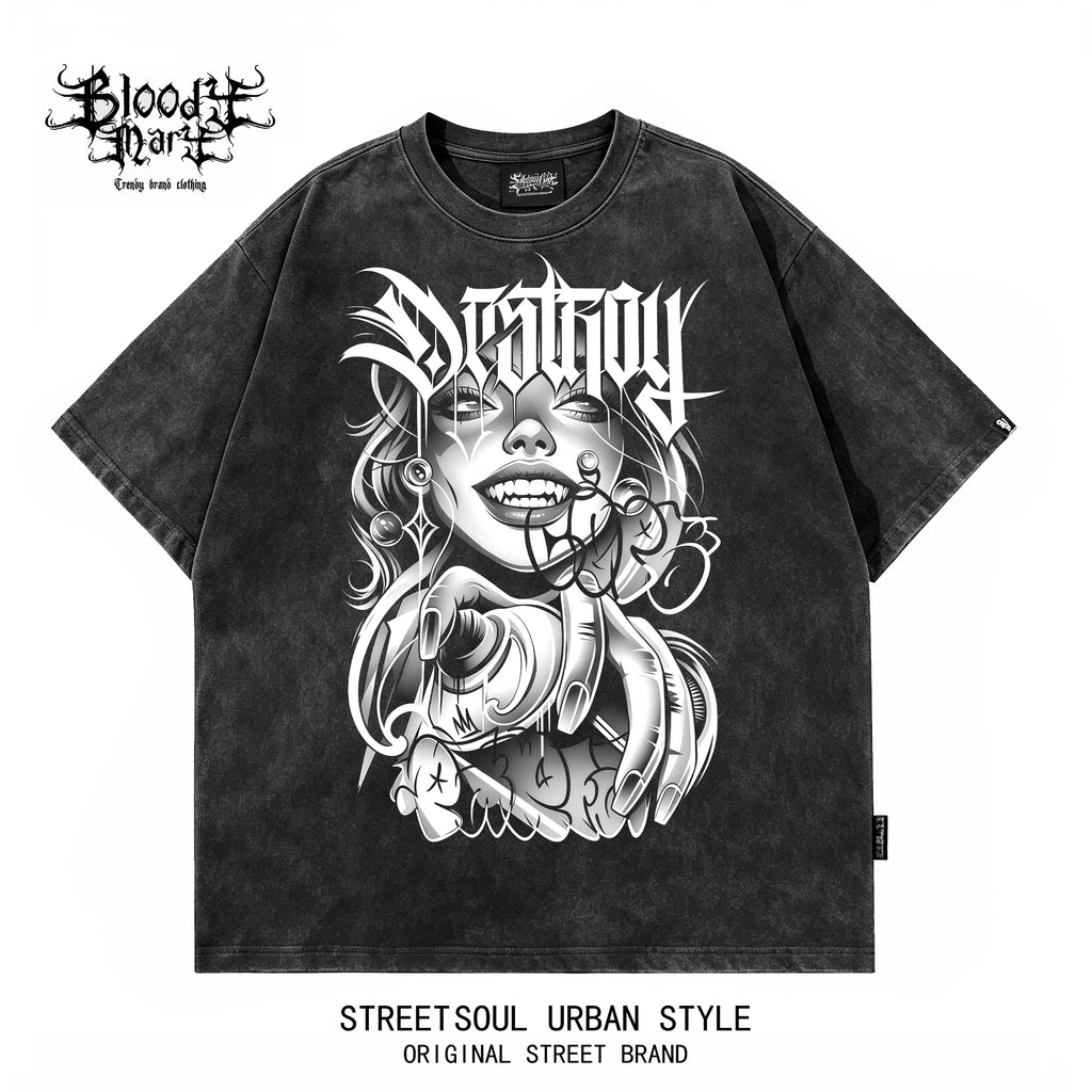 Trendy American West Coast retro anime printed short sleeved T-shirt for men and women, washed and worn loose street style top