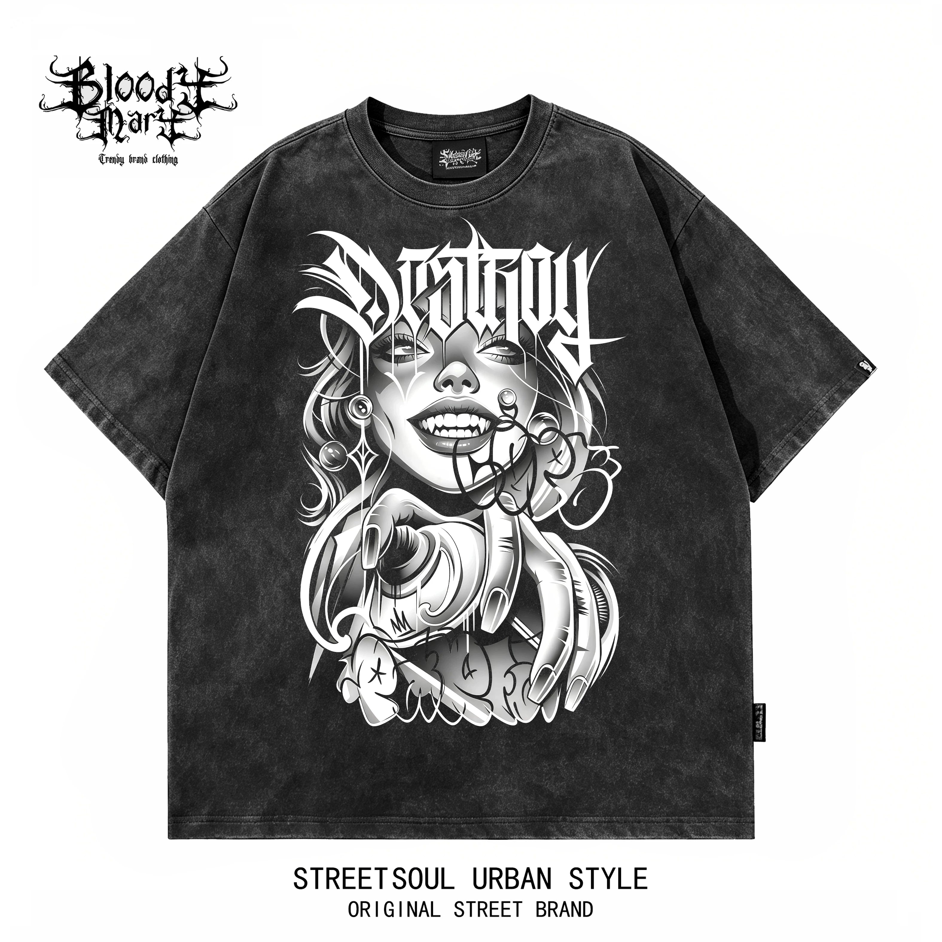 Trendy American West Coast retro anime printed short sleeved T-shirt for men and women, washed and worn loose street style top