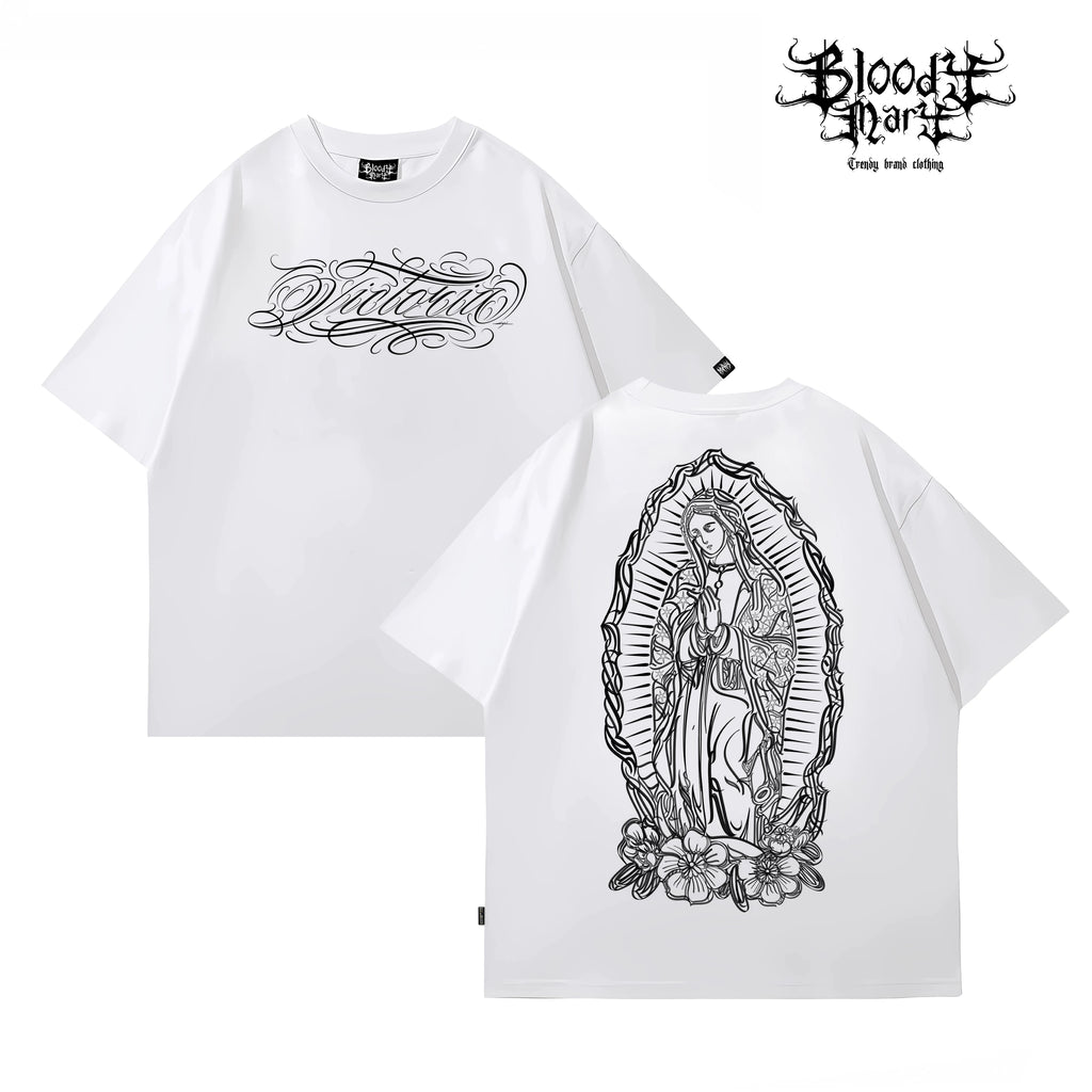 American West Coast Chicano Hip Hop Style Black Short Sleeve Round Neck T-shirt Loose Printed Top Trendy Brand Couple Style