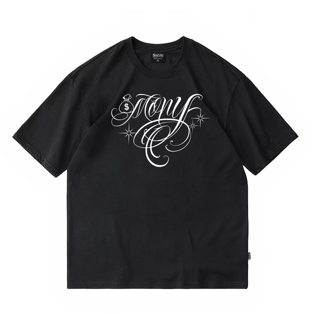 American hip-hop style floral font short sleeved T-shirt with loose shoulder sleeves for men and women, pure cotton trendy brand black tattoo artist top