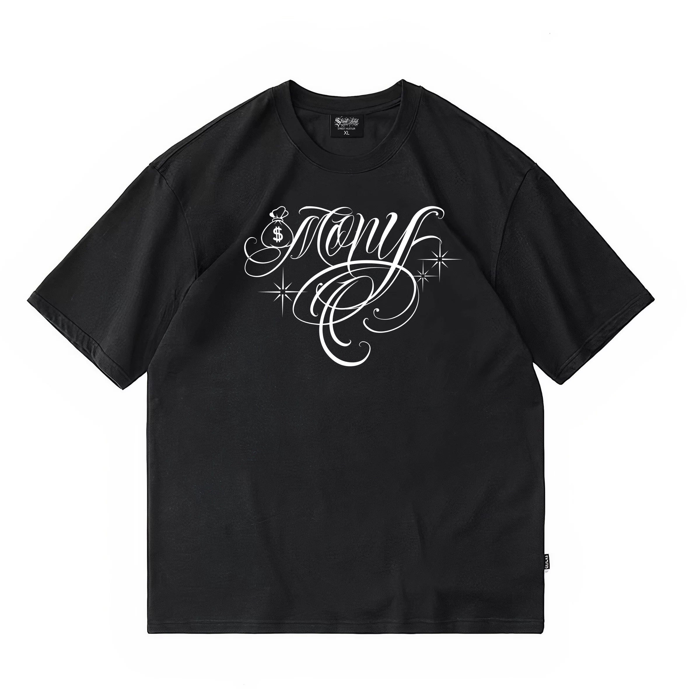 American hip-hop style floral font short sleeved T-shirt with loose shoulder sleeves for men and women, pure cotton trendy brand black tattoo artist top