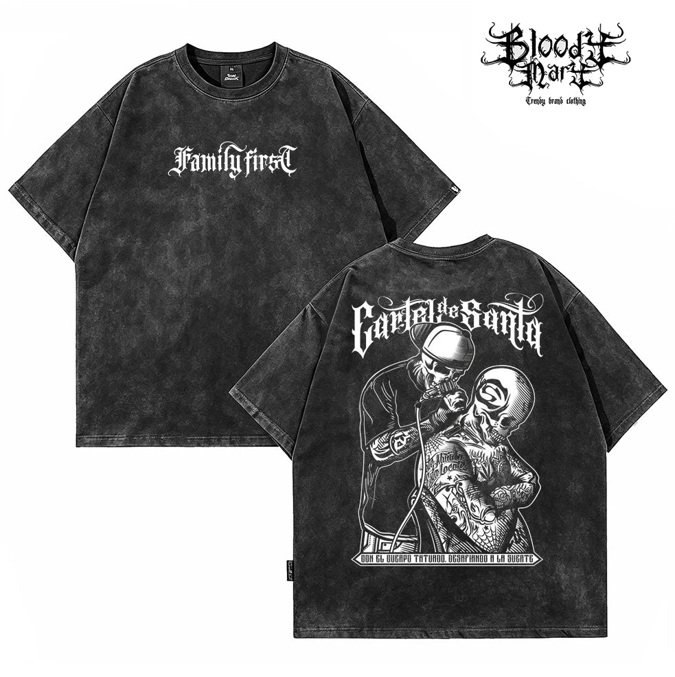American hip-hop style skeleton tattoo artist floral print short sleeved T-shirt for men and women loose cotton Chicano street