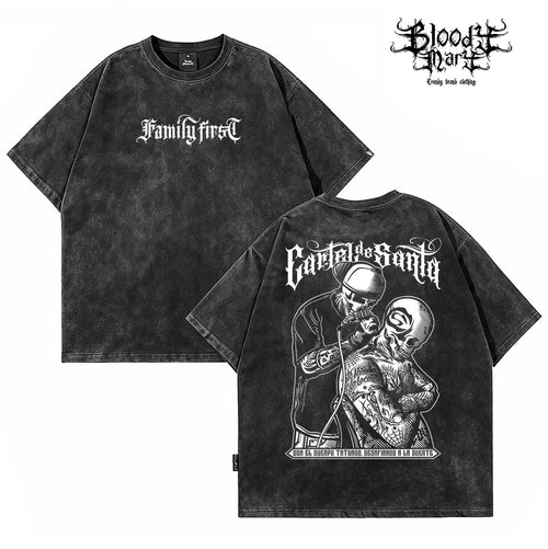 American hip-hop style skeleton tattoo artist floral print short sleeved T-shirt for men and women loose cotton Chicano street