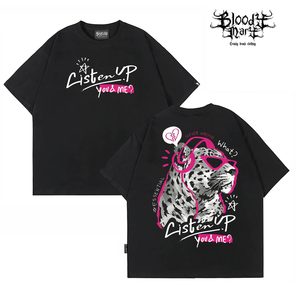 China-Chic style American printed short sleeved T-shirt for men and women loose street trend summer new black T-shirt leopard print