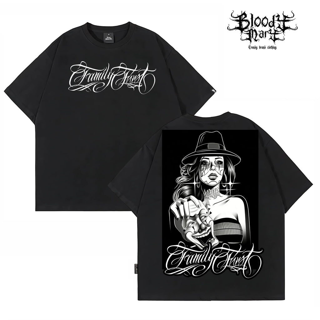 Chicano West Coast OG Black Short sleeved T-shirt Street Trendy Printed Round Neck Loose Top