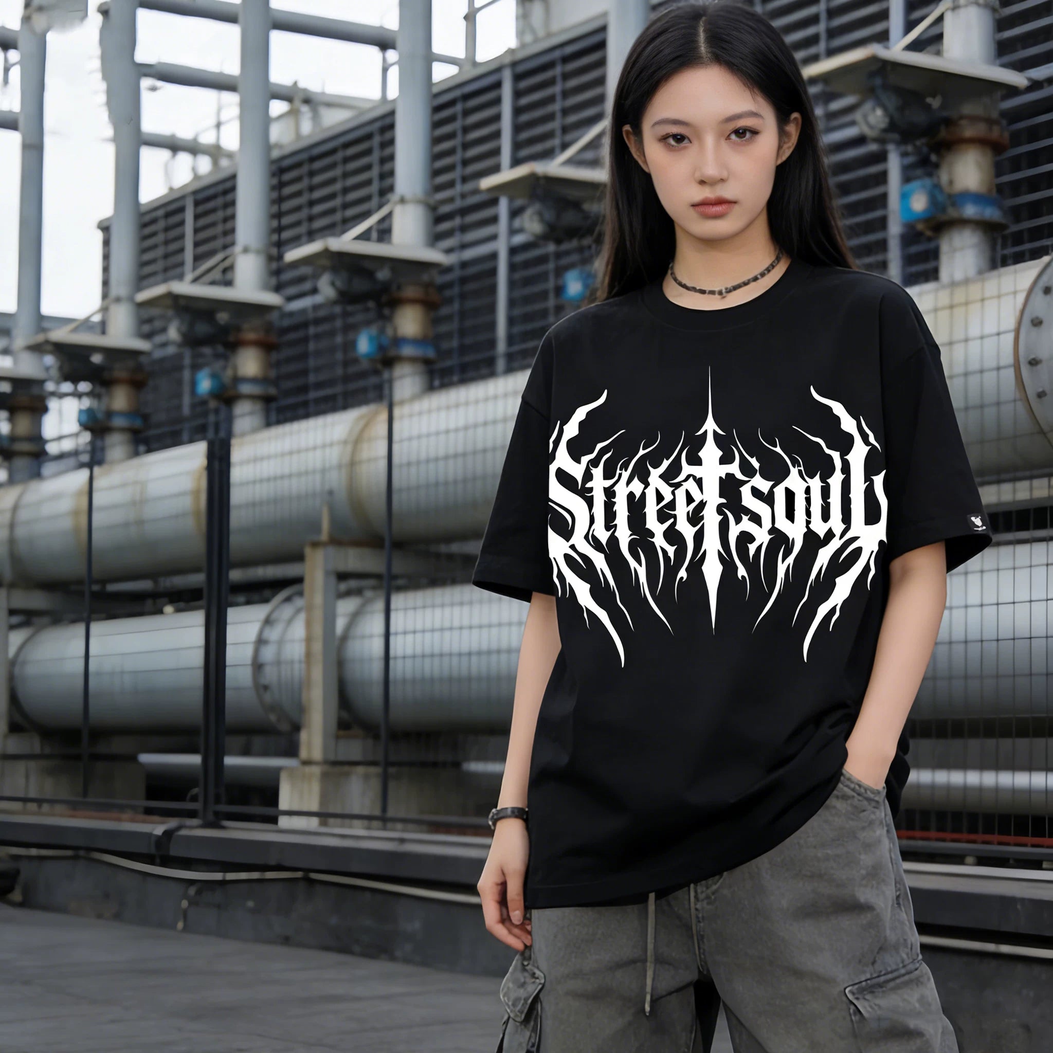 American hip-hop style black short sleeved printed T-shirt for men, loose rock letter pattern top, floral tattoo artist