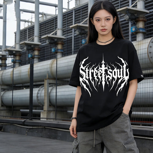 American hip-hop style black short sleeved printed T-shirt for men, loose rock letter pattern top, floral tattoo artist