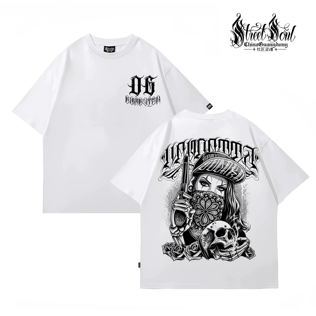 Trendy American West Coast Hip Hop Street Style Short Sleeve T-shirt for Men, Loose and Heavy Weight, Pure Cotton Skeleton, Pure Cotton Tattoo Artist