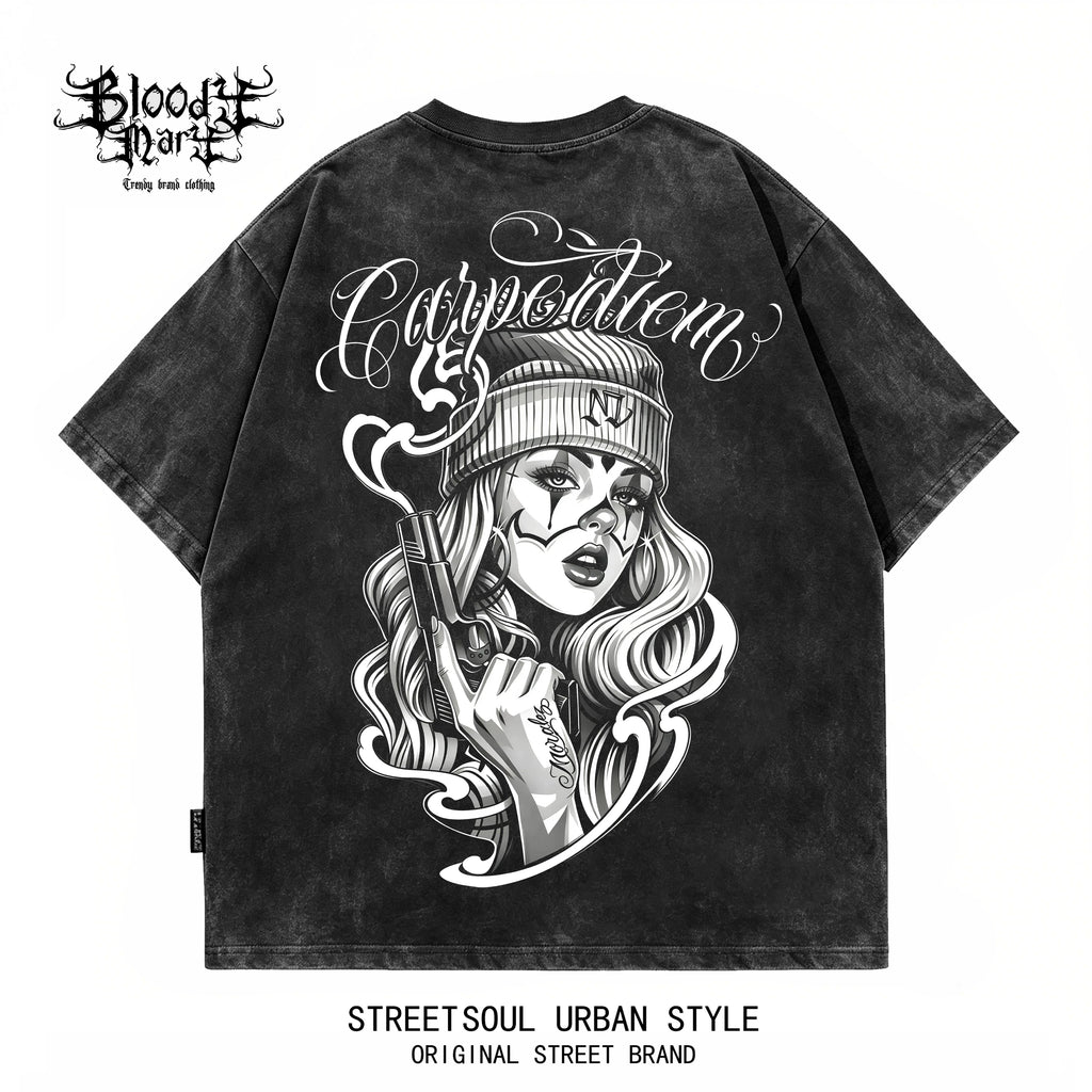 American hip-hop style heavyweight short sleeved pure cotton T-shirt men's loose floral print dark street fashion brand top