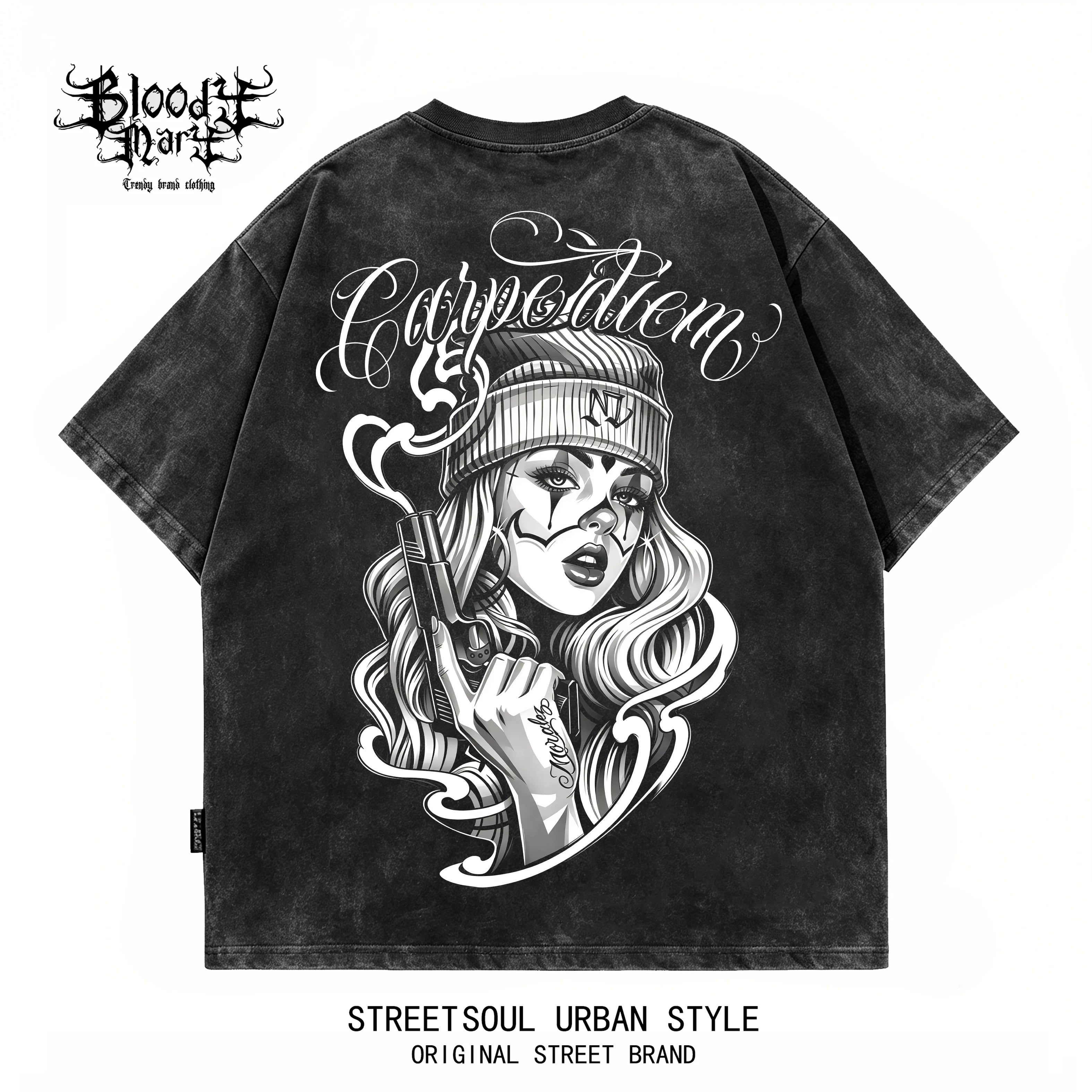 American hip-hop style heavyweight short sleeved pure cotton T-shirt men's loose floral print dark street fashion brand top