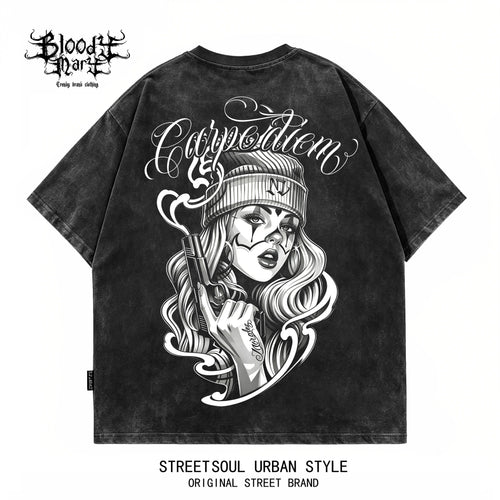 American hip-hop style heavyweight short sleeved pure cotton T-shirt men's loose floral print dark street fashion brand top