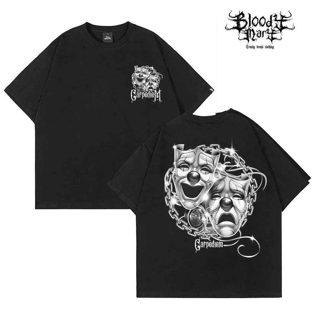 Trendy American Street Chicano Flower Font Short Sleeve Loose Cotton Heavy Weight Clown Hip Hop Tattoo Artist T-shirt Crowd
