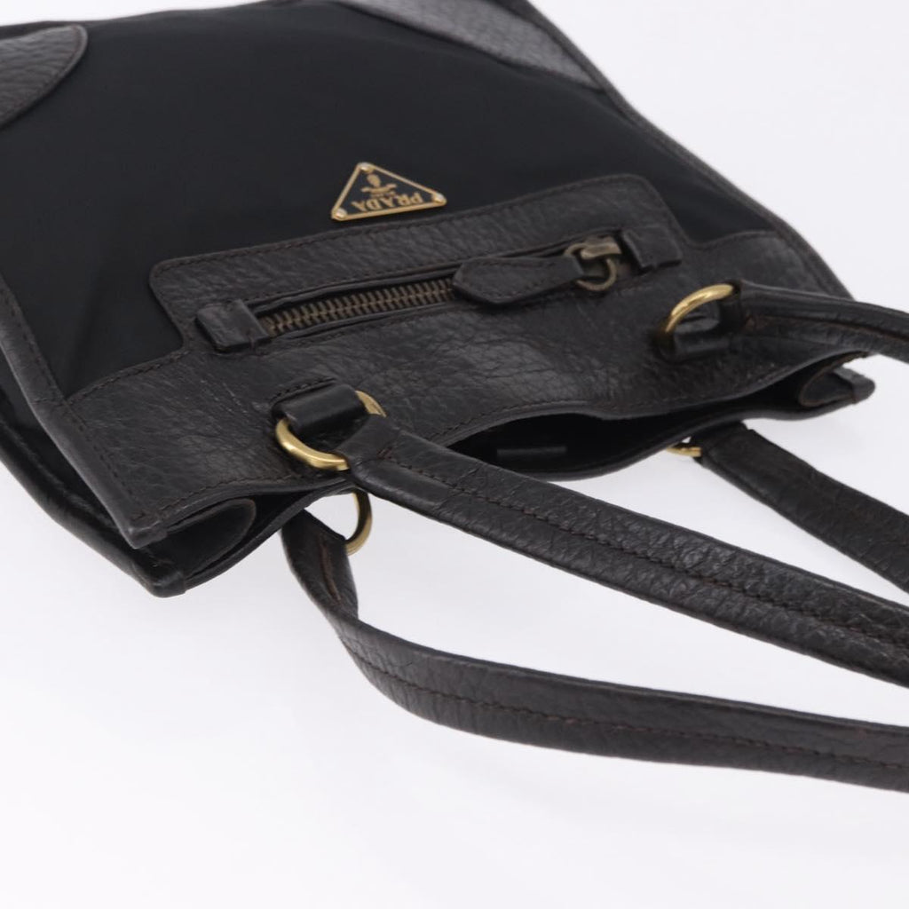 PRADA Tote Bag Nylon Leather Black Gold Tone Auth am12459V