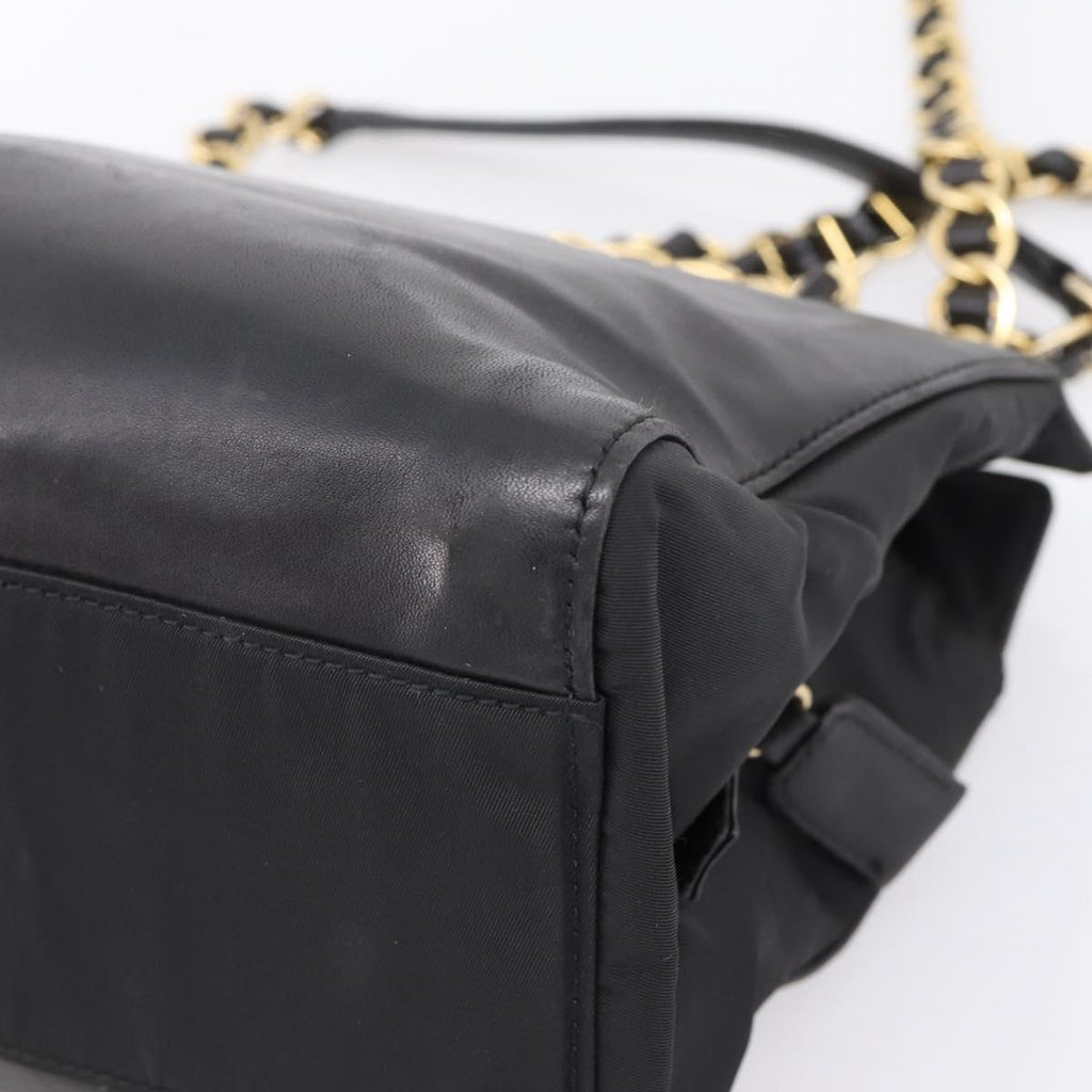 PRADA Chain Tote Bag Leather Nylon Black Gold Auth am12698V
