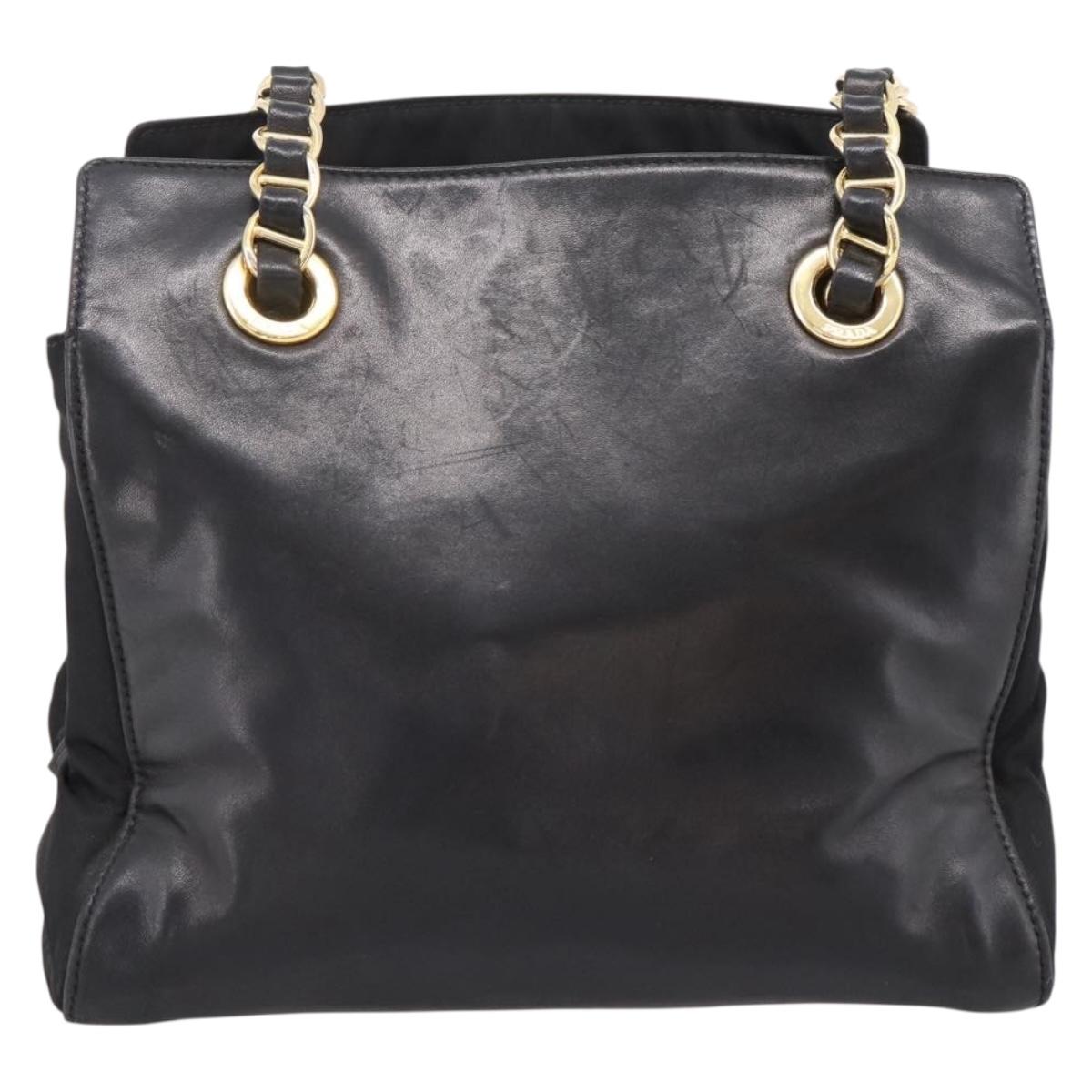 PRADA Chain Tote Bag Leather Nylon Black Gold Auth am12698V