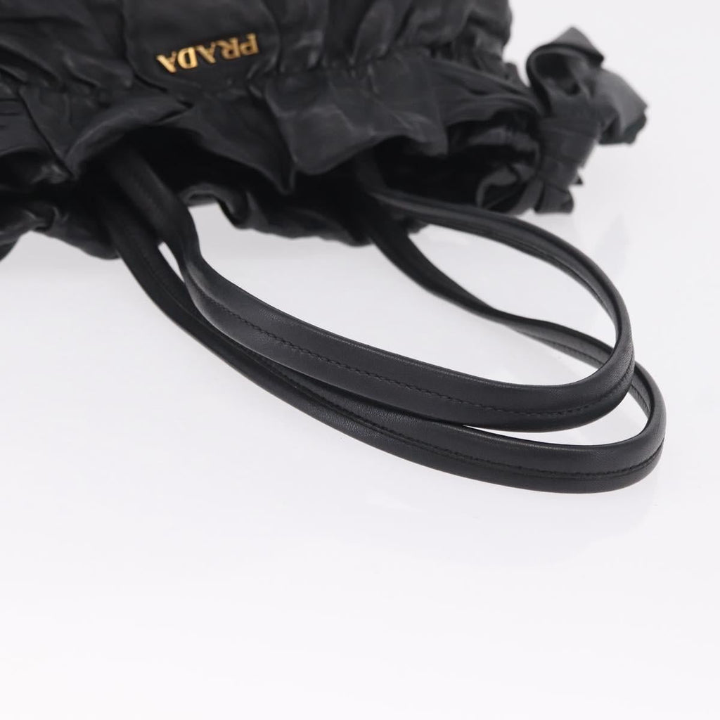PRADA Side Ribbon Tote Bag Leather Black Gold Auth am12722V