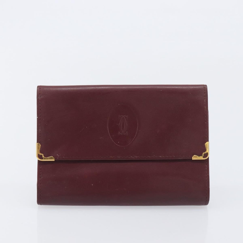Cartier Must Line Wallet Leather 5 Set Bordeaux Gold Tone Auth am12798