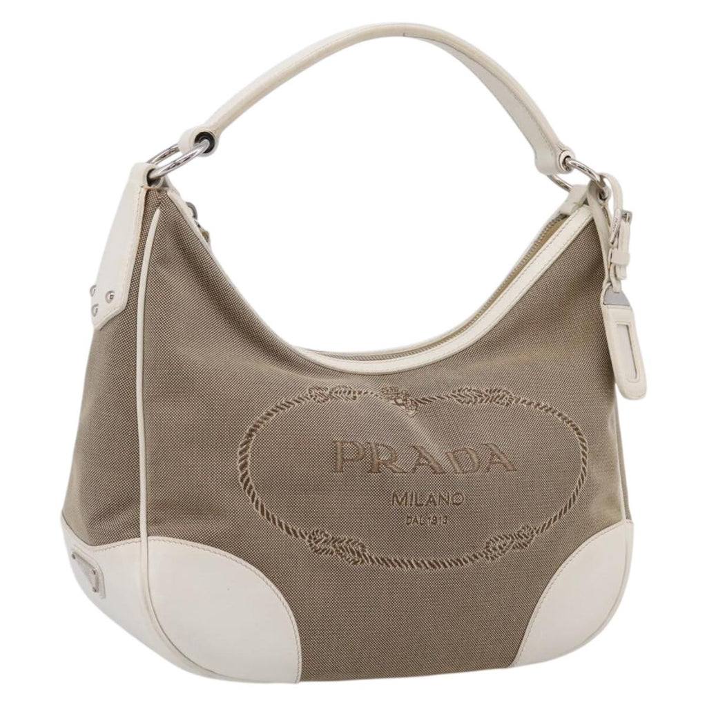 PRADA Jacquard Hand Bag Canvas Beige Silver BR3423 Auth am12817V