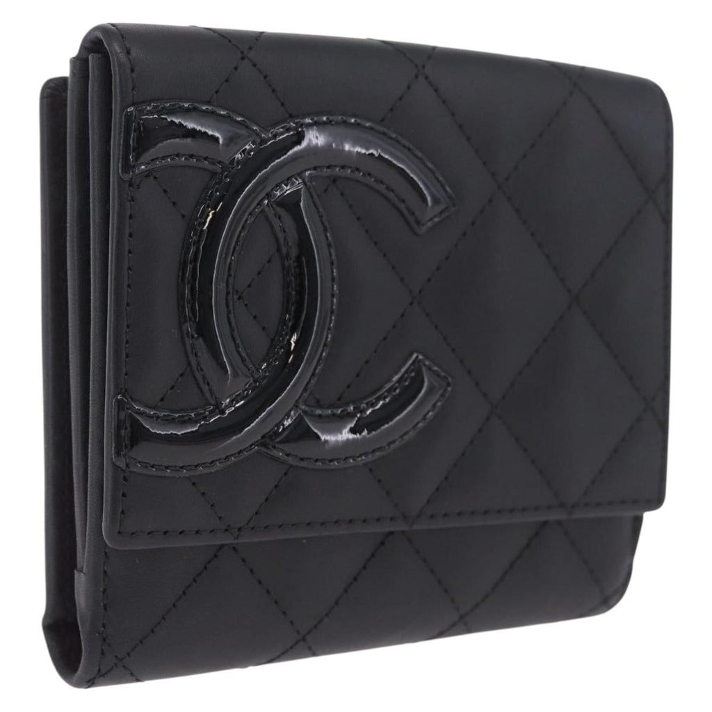CHANEL Cambon Line W Hook Trifold Wallet Leather Black Silver CC Auth am13011SAM