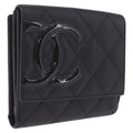 CHANEL Cambon Line W Hook Trifold Wallet Leather Black Silver CC Auth am13011SAM