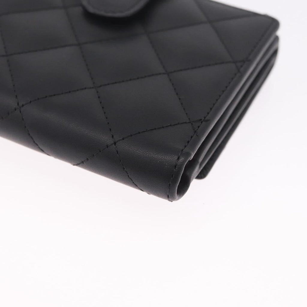 CHANEL Cambon Line W Hook Trifold Wallet Leather Black Silver CC Auth am13011SAM
