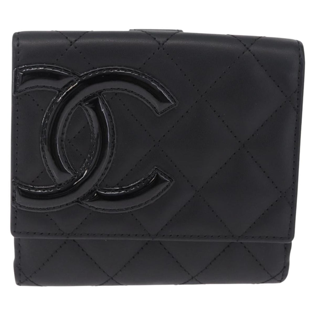 CHANEL Cambon Line W Hook Trifold Wallet Leather Black Silver CC Auth am13011SAM