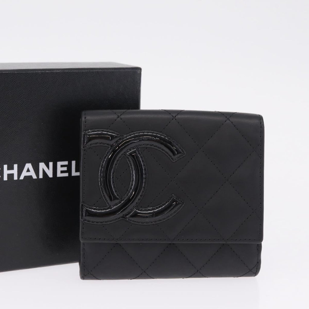 CHANEL Cambon Line W Hook Trifold Wallet Leather Black Silver CC Auth am13011SAM