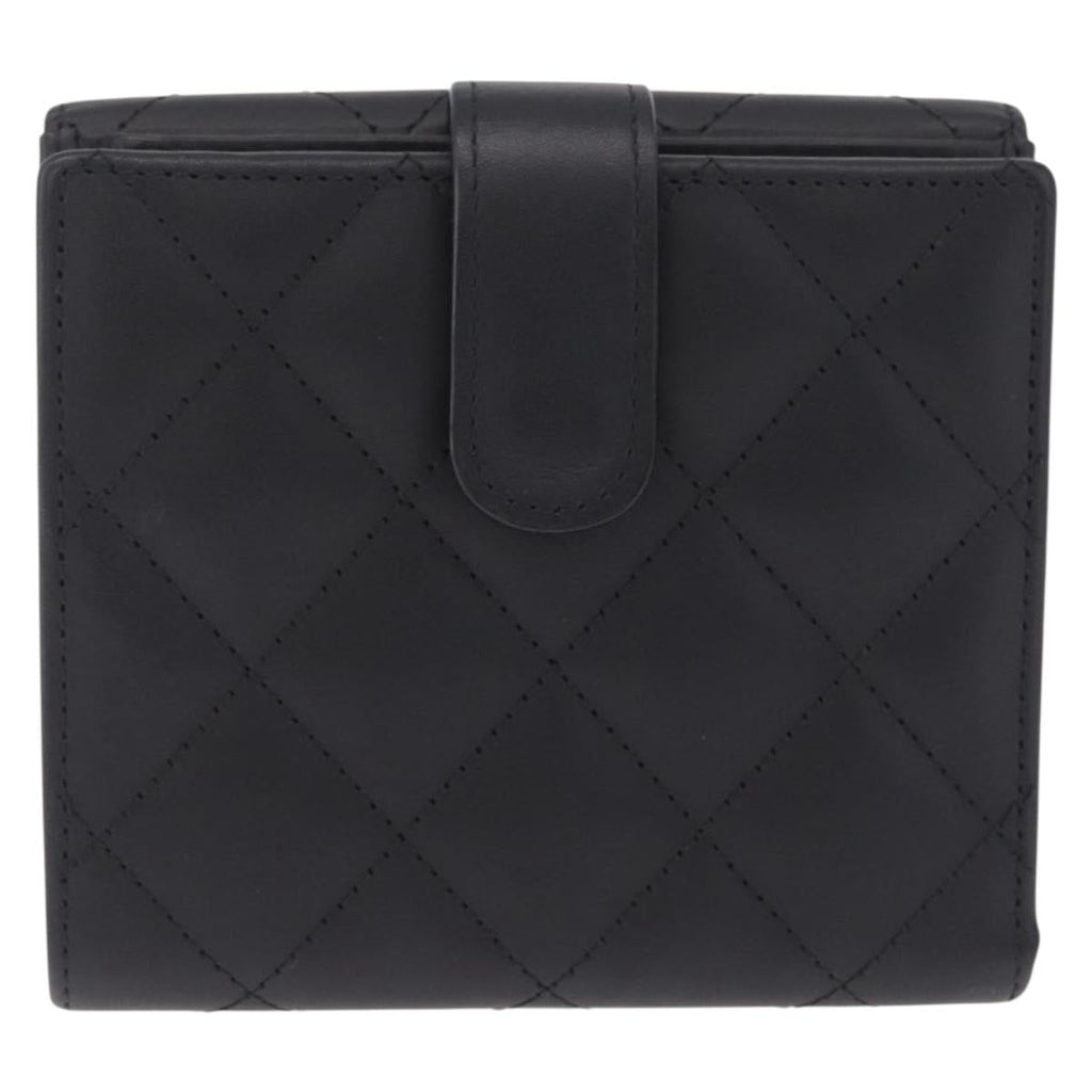 CHANEL Cambon Line W Hook Trifold Wallet Leather Black Silver CC Auth am13011SAM