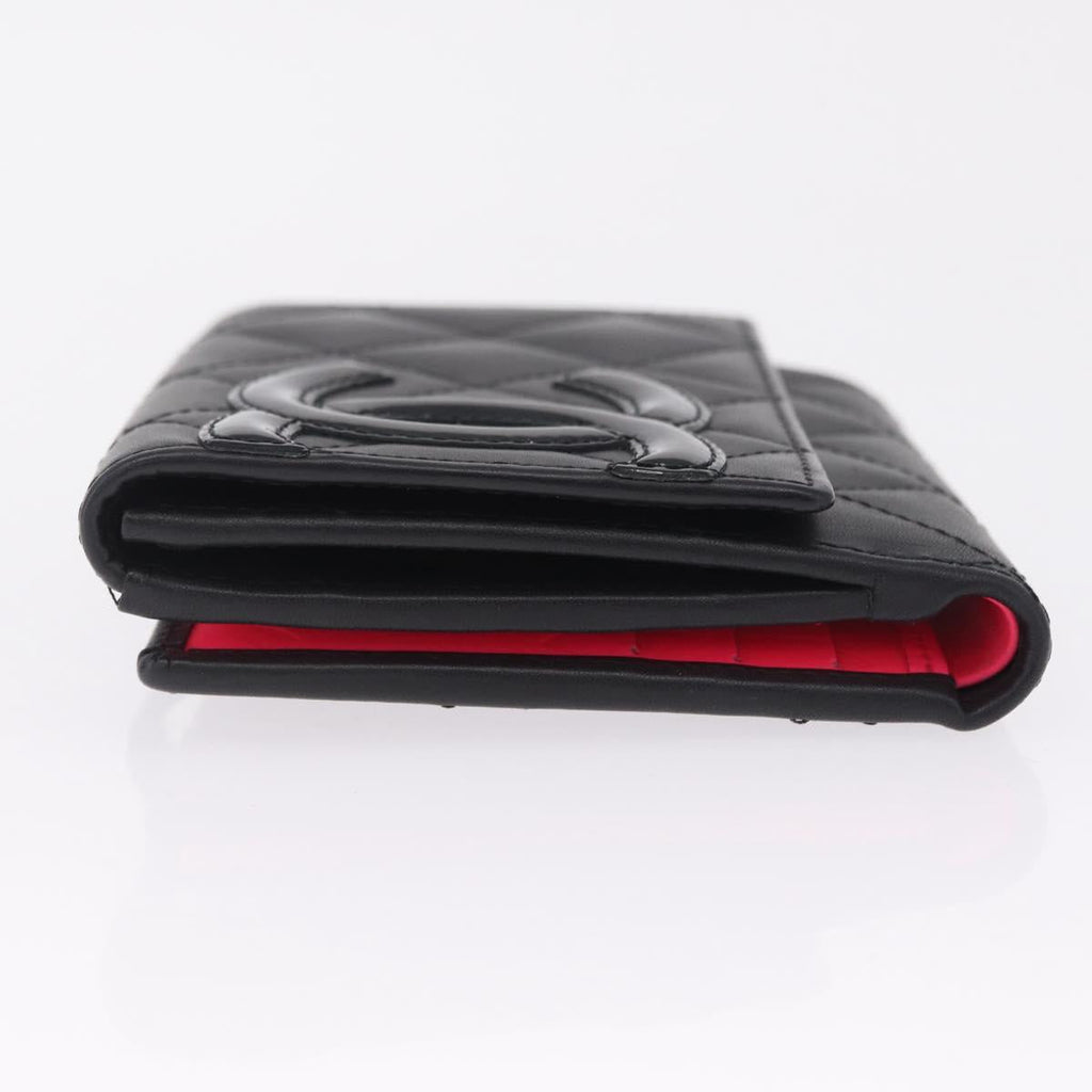 CHANEL Cambon Line W Hook Trifold Wallet Leather Black Silver CC Auth am13011SAM