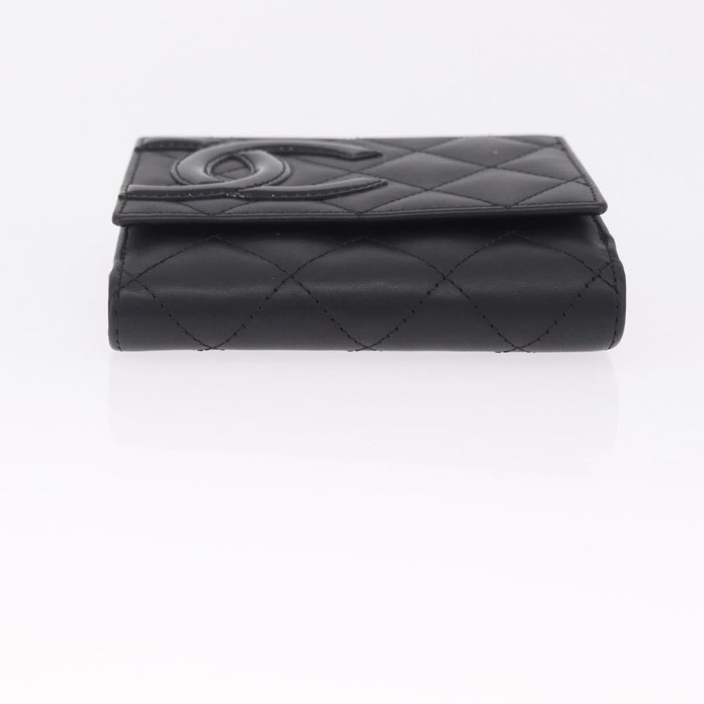 CHANEL Cambon Line W Hook Trifold Wallet Leather Black Silver CC Auth am13011SAM