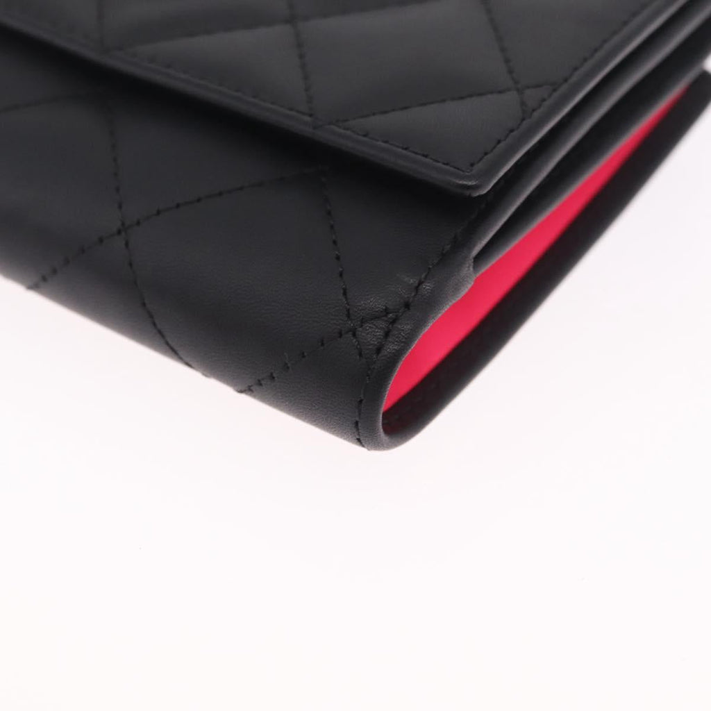 CHANEL Cambon Line W Hook Trifold Wallet Leather Black Silver CC Auth am13011SAM