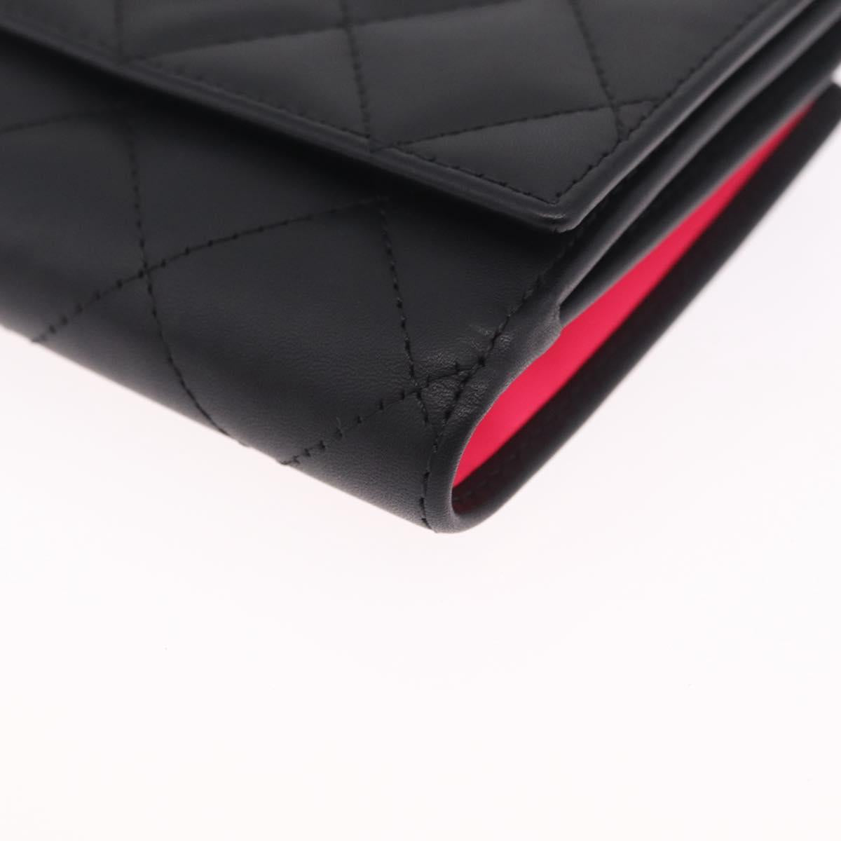 CHANEL Cambon Line W Hook Trifold Wallet Leather Black Silver CC Auth am13011SAM