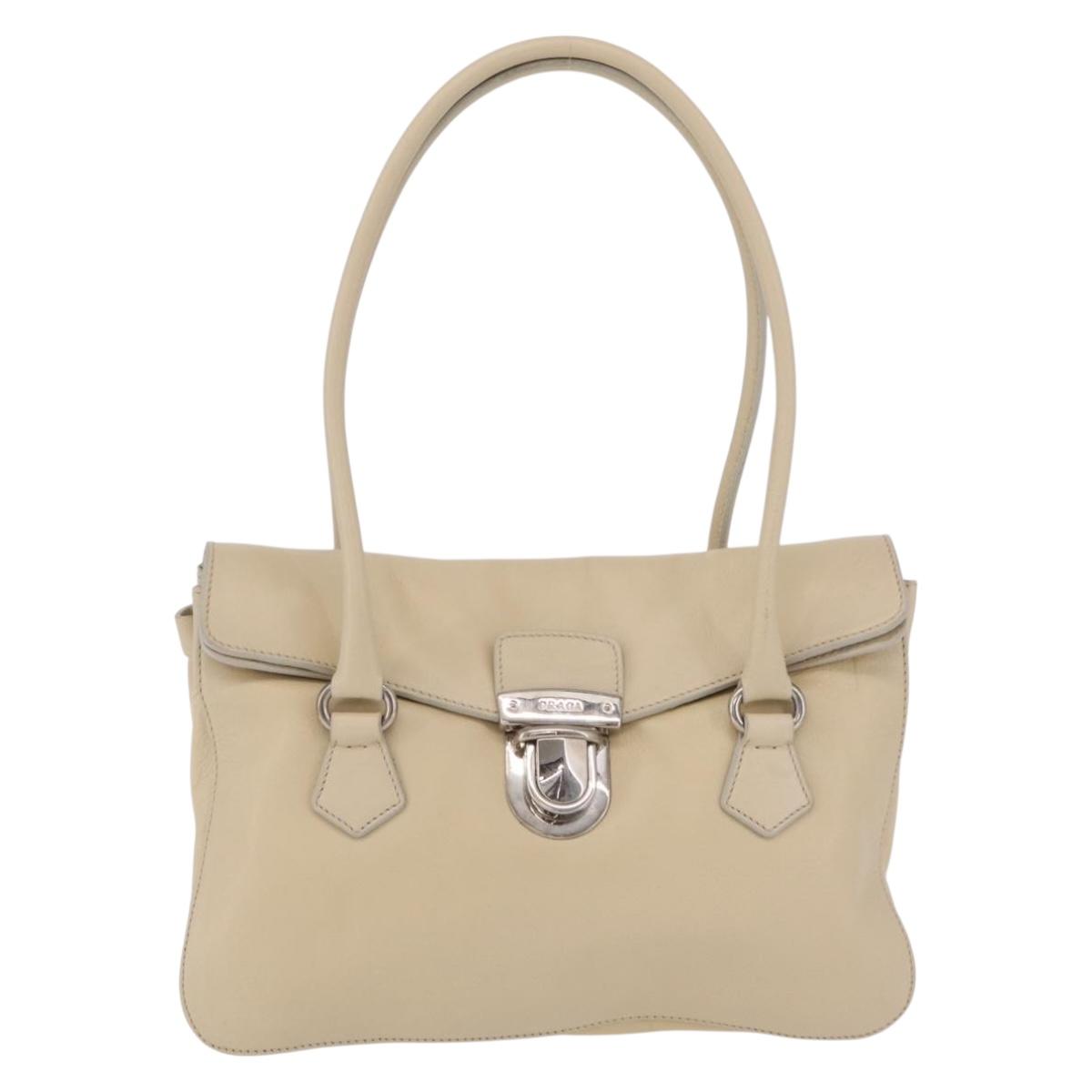 PRADA Tote Bag Leather Ivory Silver Auth ar14347