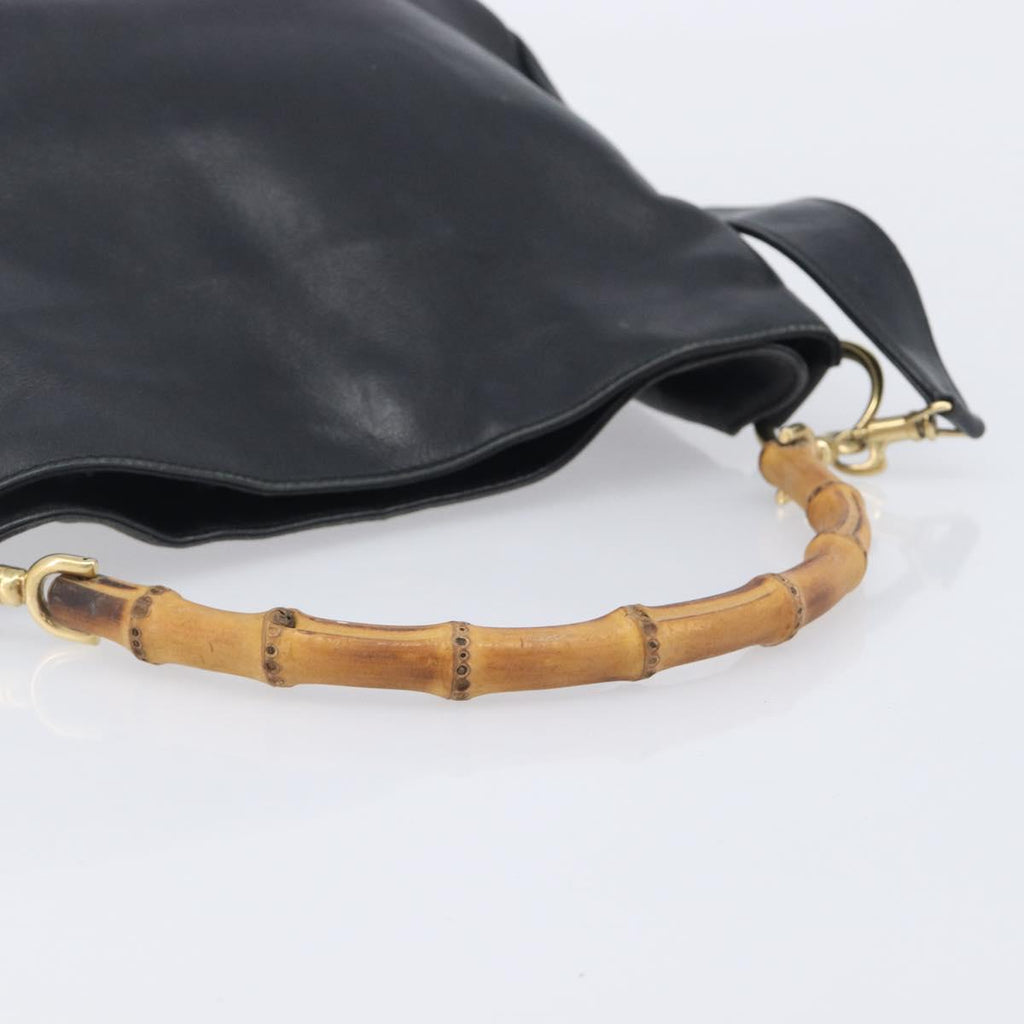 GUCCI Bamboo Hand Bag Leather 2way Black Gold 001 2113 1638 Auth ar14383