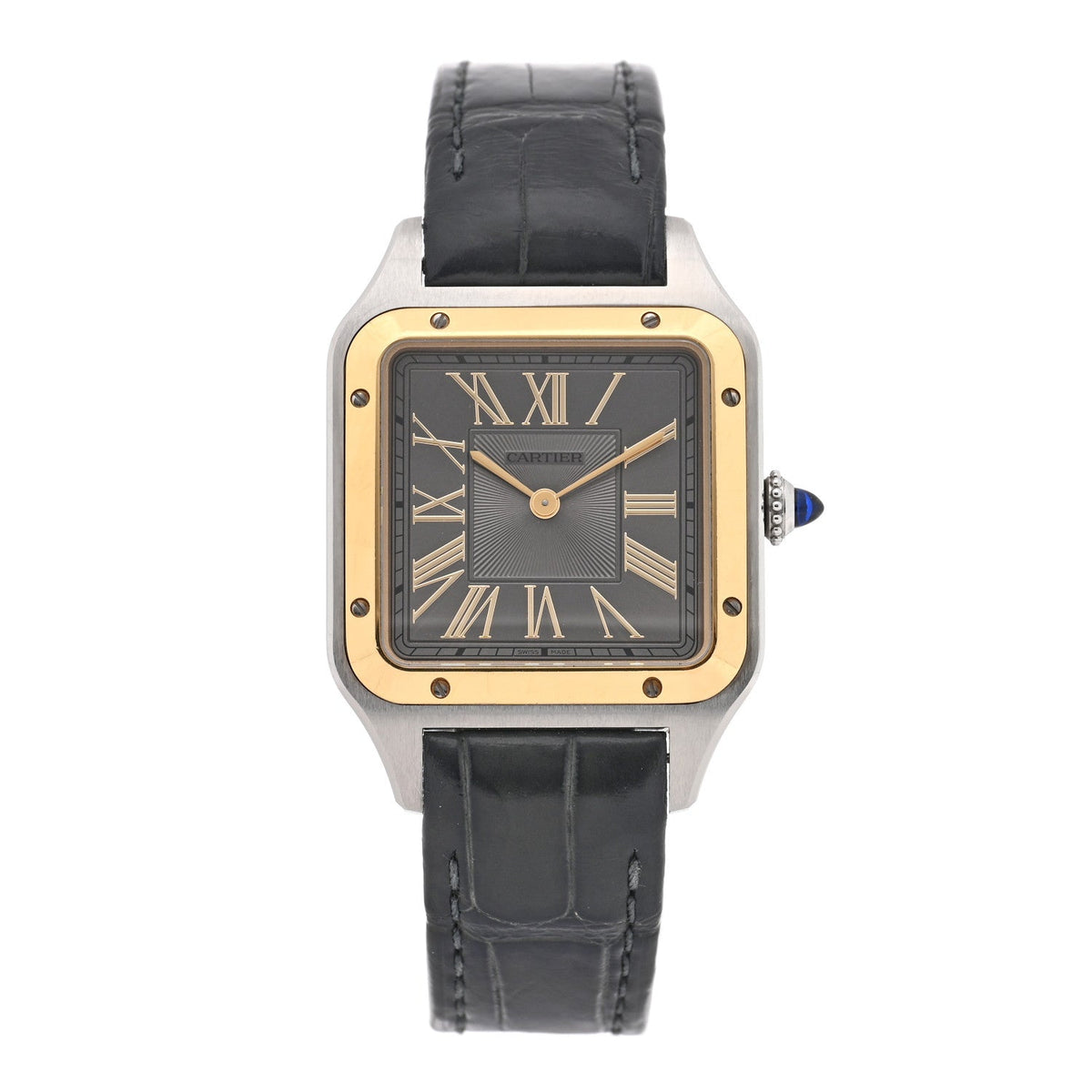 Stainless Steel 18K Yellow Gold Alligator 31.4mm Santos Dumont Quartz Watch Grey