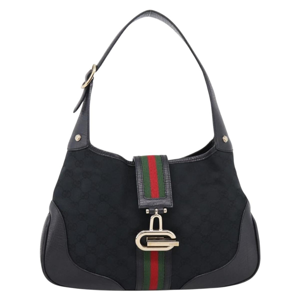 GUCCI GG Canvas Abby G Rock Shoulder Bag Leather Black Gold 130779 Auth BA15874V