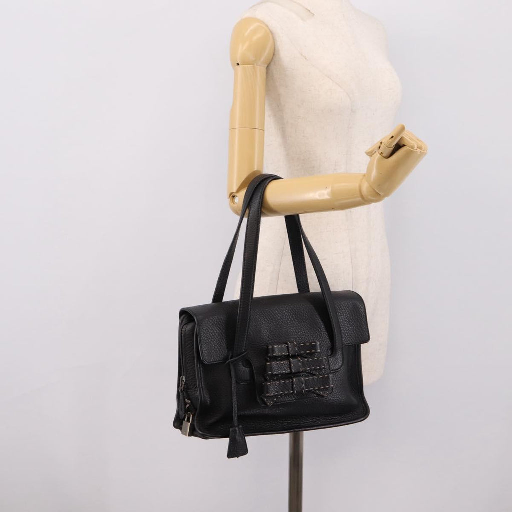 PRADA Tote Bag Leather Black Silver Auth BA16052A