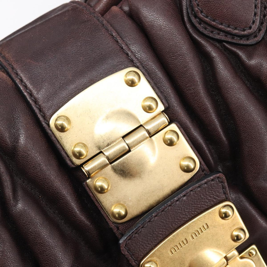 Miu Miu Matelasse Hand Bag Leather 2way Dark Brown Gold Tone Auth BA16313A
