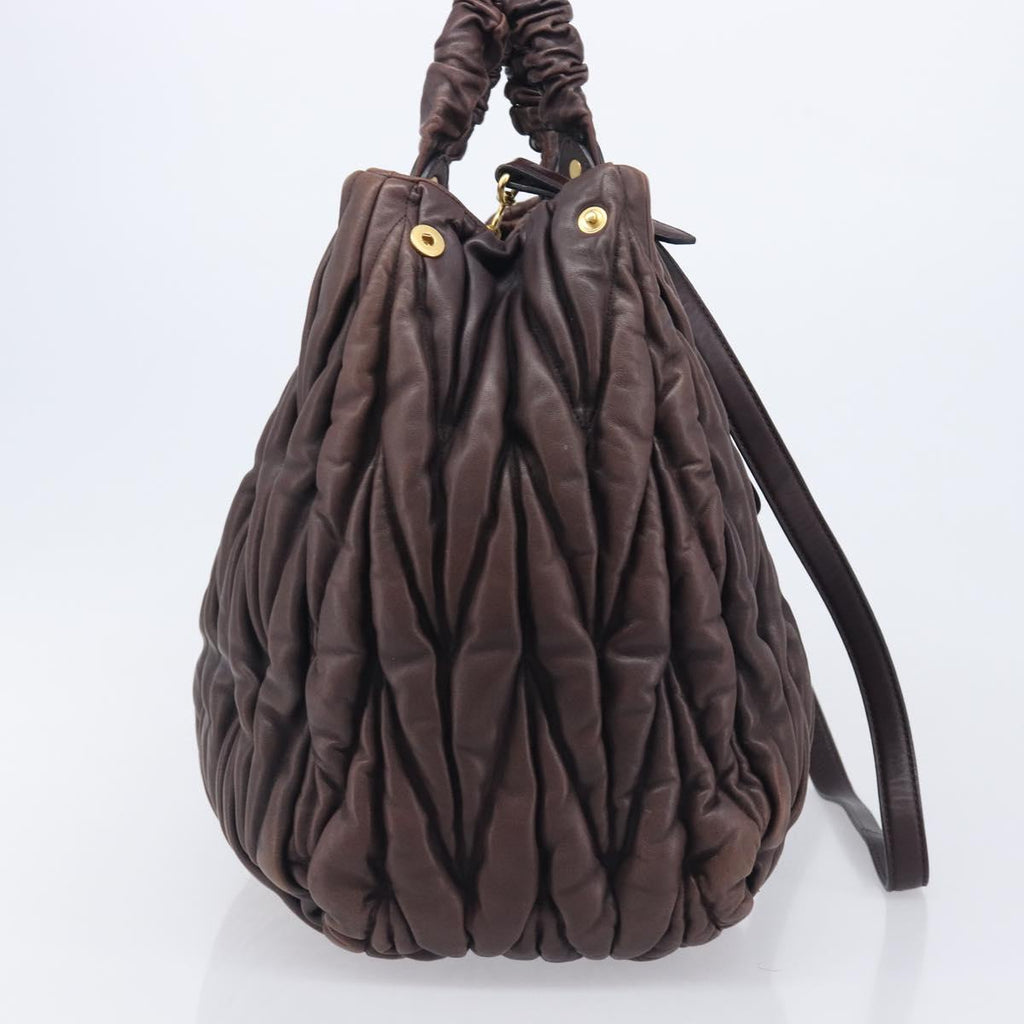 Miu Miu Matelasse Hand Bag Leather 2way Dark Brown Gold Tone Auth BA16313A