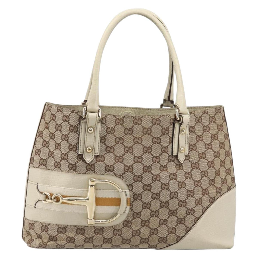 GUCCI GG Canvas Horsebit Sherry Line Tote Bag Beige Gold 137385 Auth BA16410