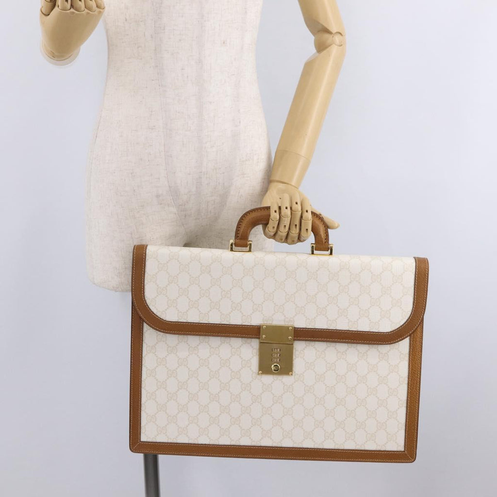 GUCCI GG Supreme Business Bag PVC Leather White Gold Auth BA16459A