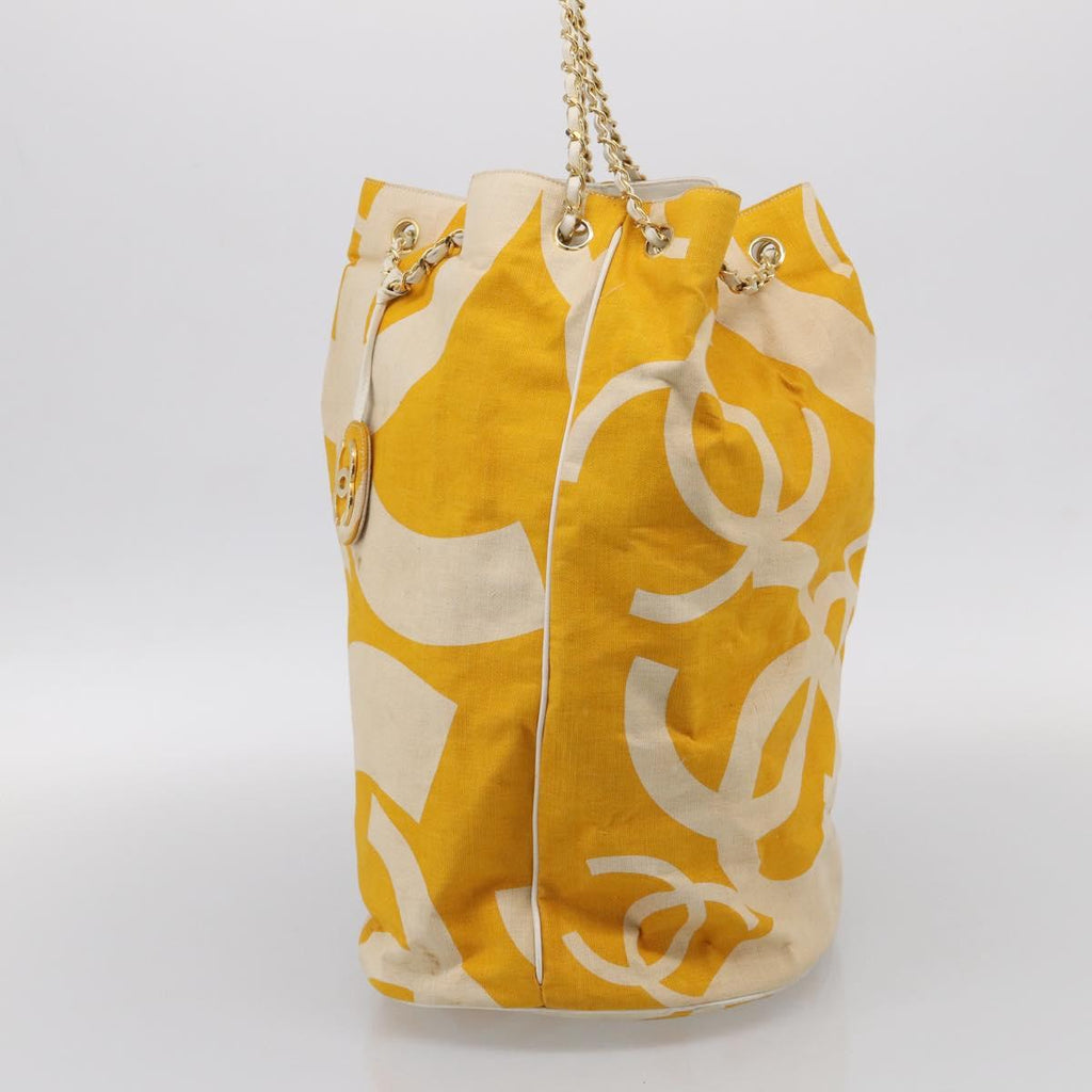 CHANEL Drawstring Chain Shoulder Bag Canvas Yellow Gold Tone CC Auth BA16485