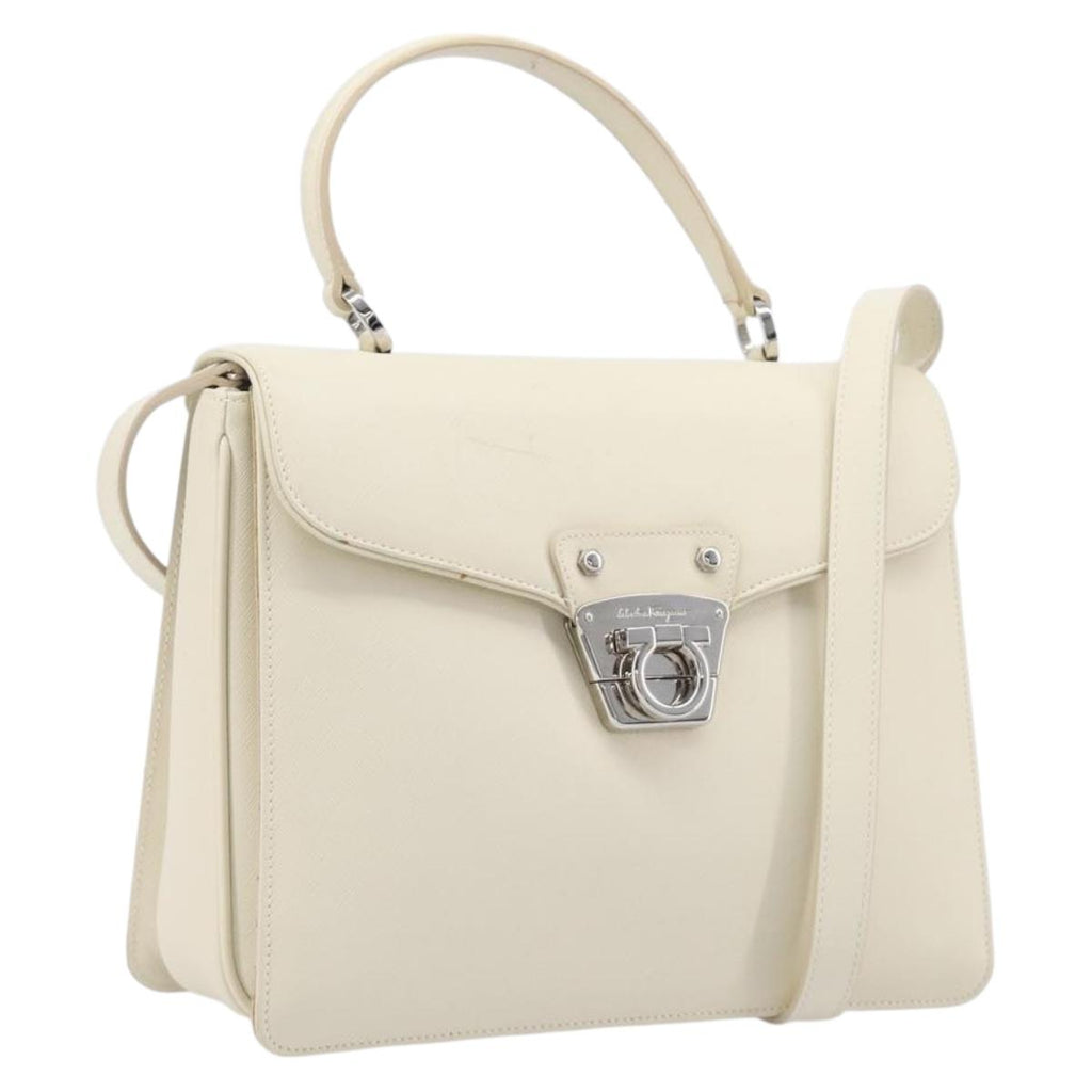 Salvatore Ferragamo Gancini Hand Bag Leather 2way White Silver Auth BA16665V