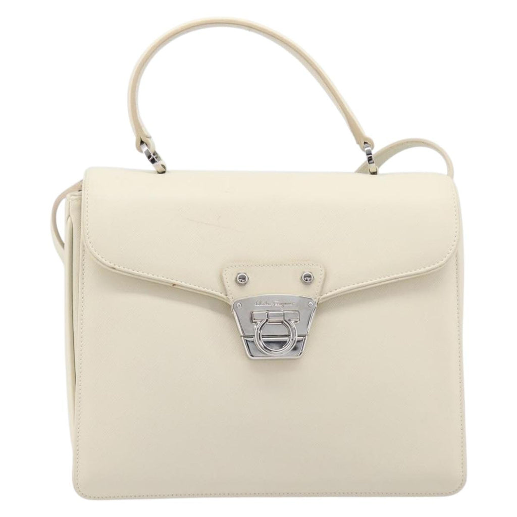 Salvatore Ferragamo Gancini Hand Bag Leather 2way White Silver Auth BA16665V