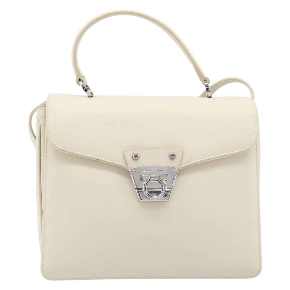 Salvatore Ferragamo Gancini Hand Bag Leather 2way White Silver Auth BA16665V