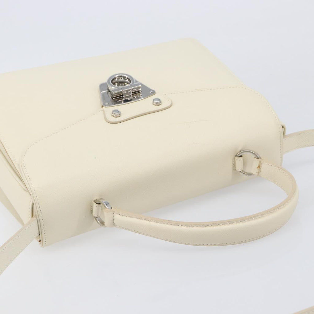 Salvatore Ferragamo Gancini Hand Bag Leather 2way White Silver Auth BA16665V
