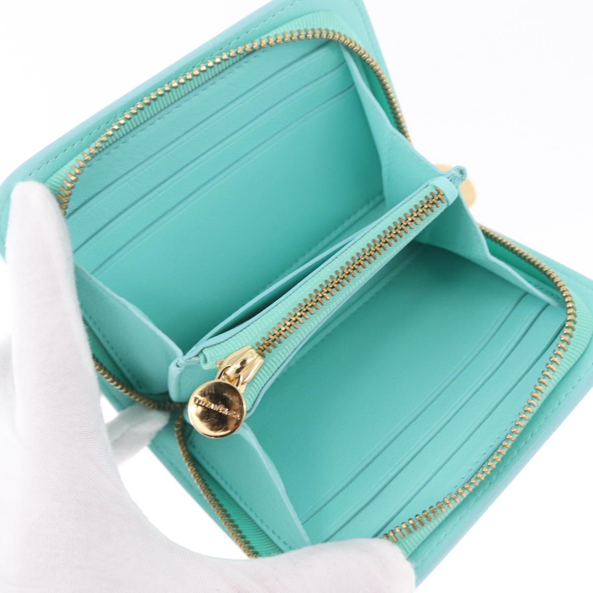 Tiffany & Co. Compact Wallet Leather Light Blue Gold Auth BA16753V