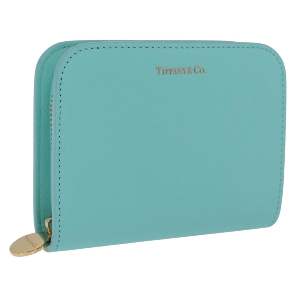 Tiffany & Co. Compact Wallet Leather Light Blue Gold Auth BA16753V
