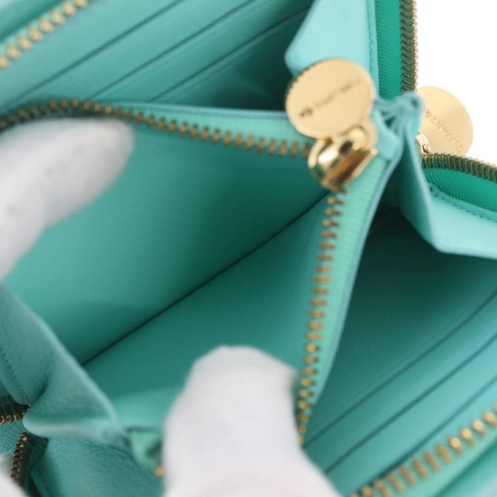 Tiffany & Co. Compact Wallet Leather Light Blue Gold Auth BA16753V