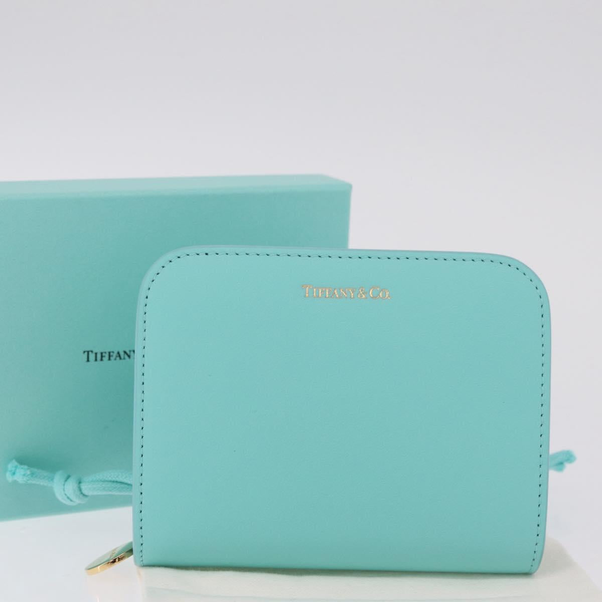 Tiffany & Co. Compact Wallet Leather Light Blue Gold Auth BA16753V